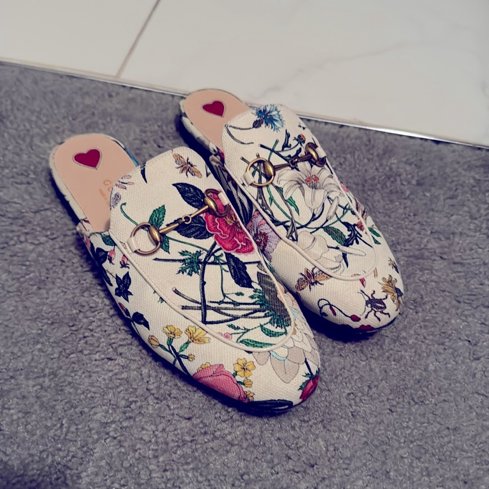 GUCCI Women Princetown Floral Canvas Sleeper Mules Loafer Shoes